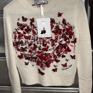 Dior Cream Sweater with Red Floral Embroidery